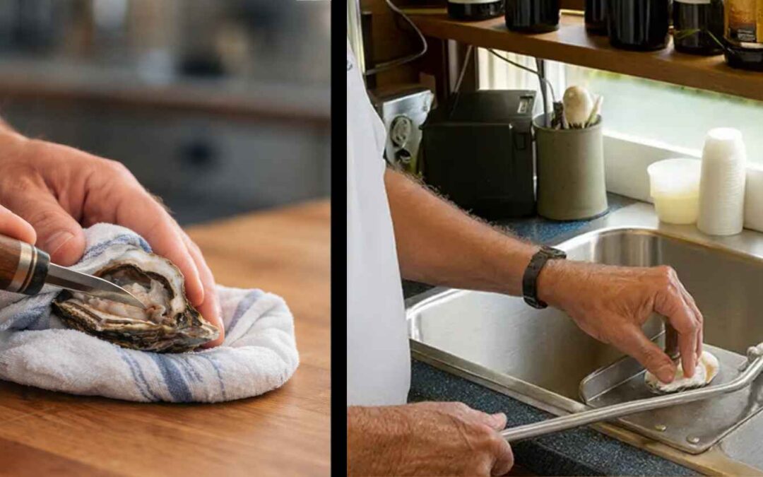 Aw Shucks mounted oyster shucker compared to traditional oyster knife