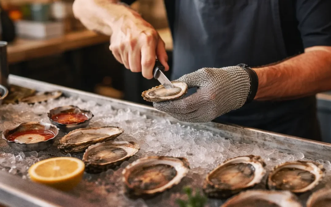 chef safely shucking oysters at restaurant raw bar